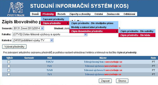 Schéma zápisu tělesné výchovy v aplikaci KOS